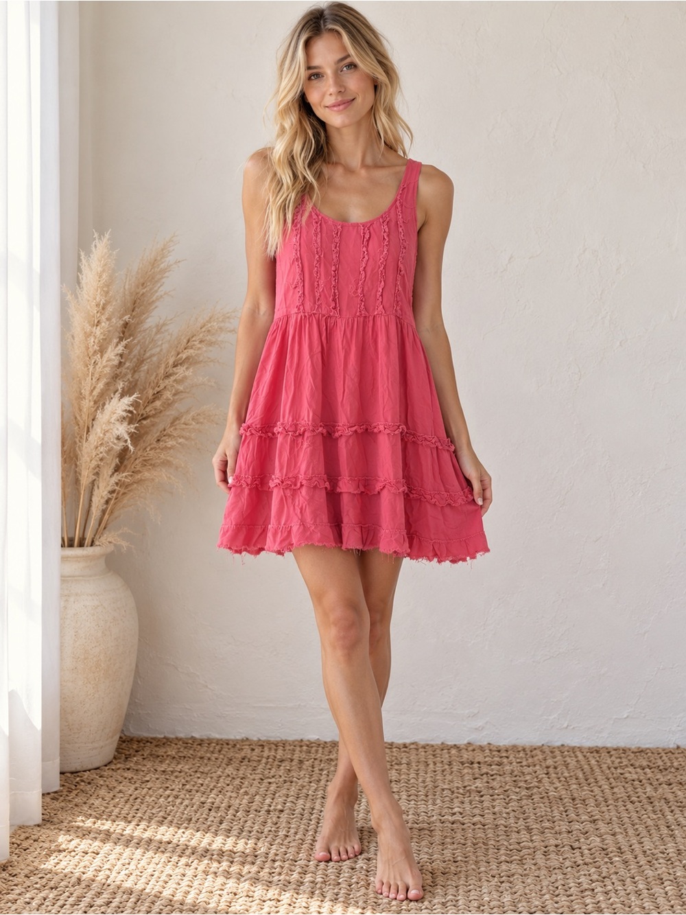 Altard State Sleeveless Tiered Ruffle Dress - Coral Boho Minimalist Aesthetic